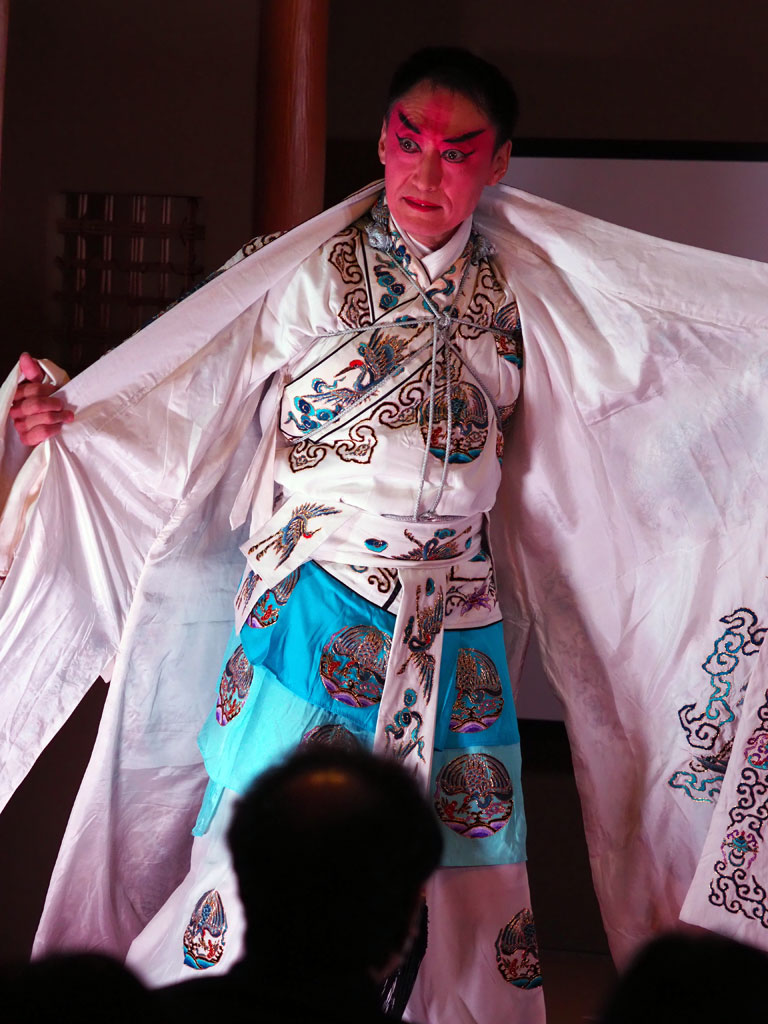 京劇の衣装「褶子（シュエズ）」を着て、急いでいる様子を表現
